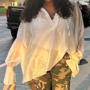 ELSA Sheer White V-Neck Tie Blouse